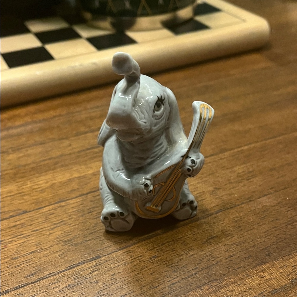 Gray Elephant Figurine with Guitar